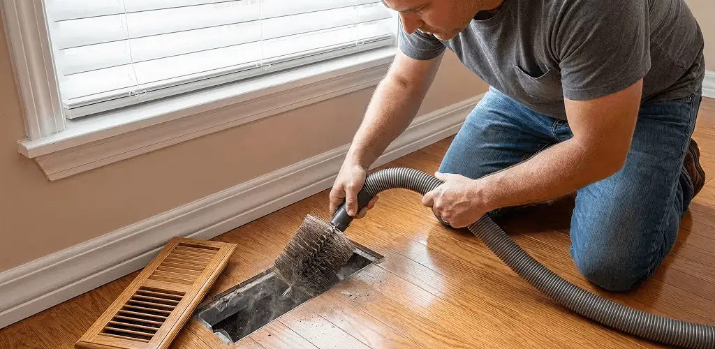 Air duct cleaning technician vacuuming a floor vent and duct opening in Albany, NY