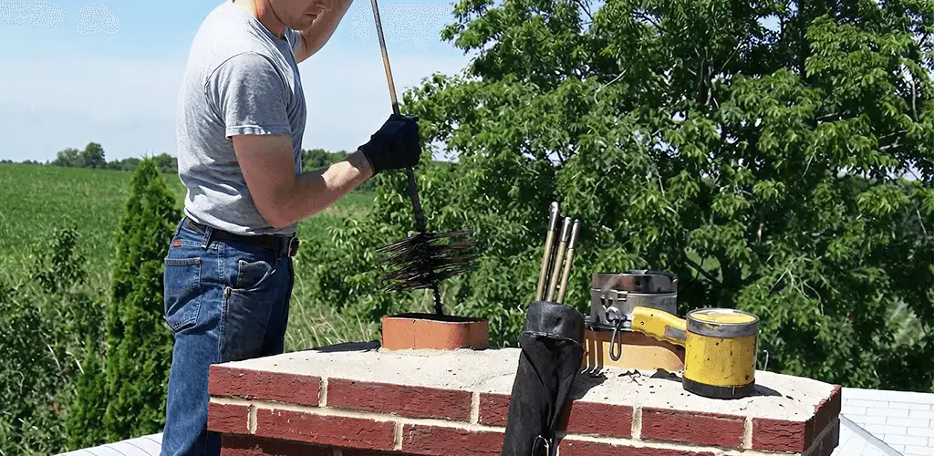 Chimney cleaning technician working on a rooftop chimney with professional tools in Albany, NY