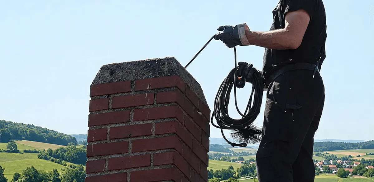 Chimney sweep inspecting and cleaning a rooftop chimney in Albany, NY