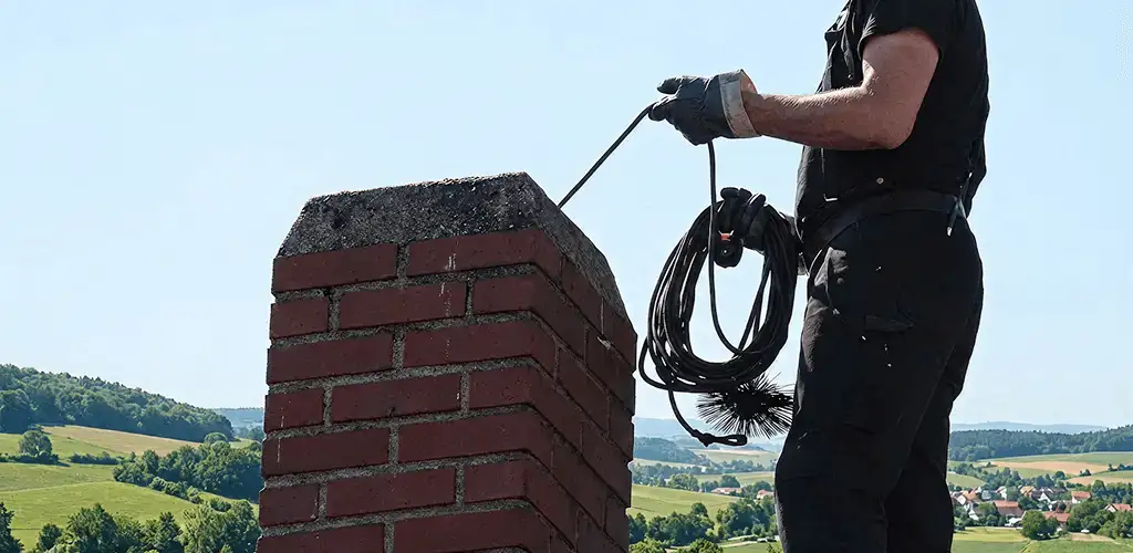 Chimney sweep inspecting and cleaning a rooftop chimney in Albany, NY
