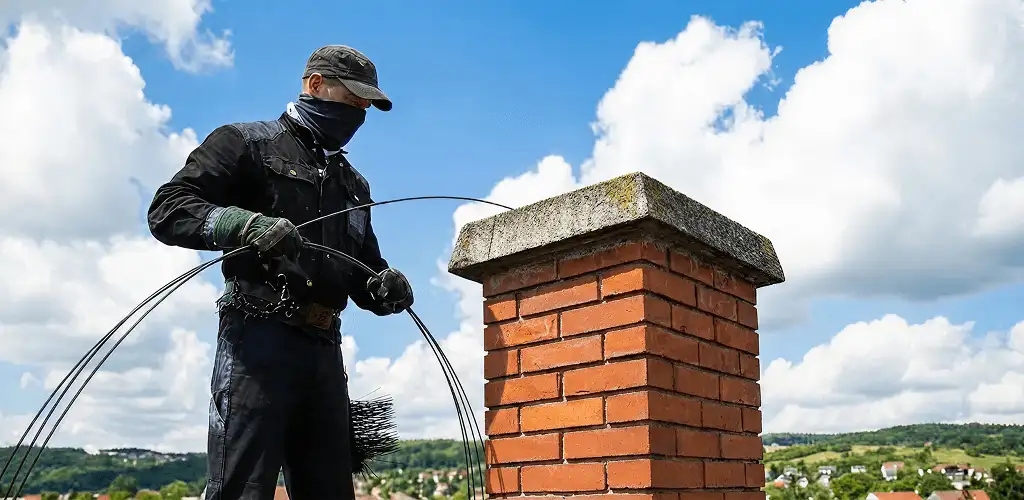 Chimney sweep cleaning a brick chimney with professional tools in Albany, NY