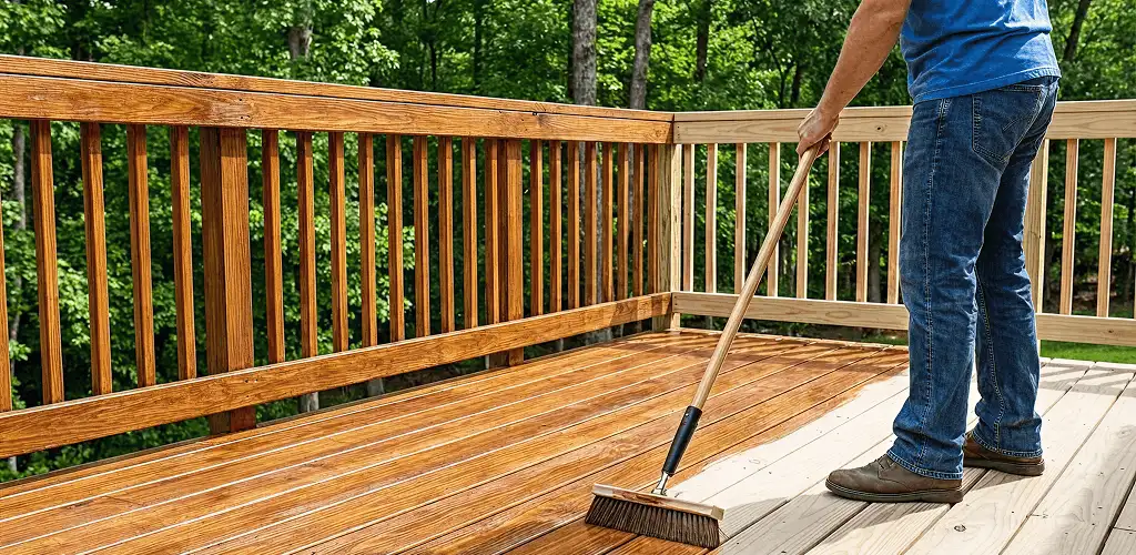 Deck staining and sealing application on a wood deck in Albany, NY