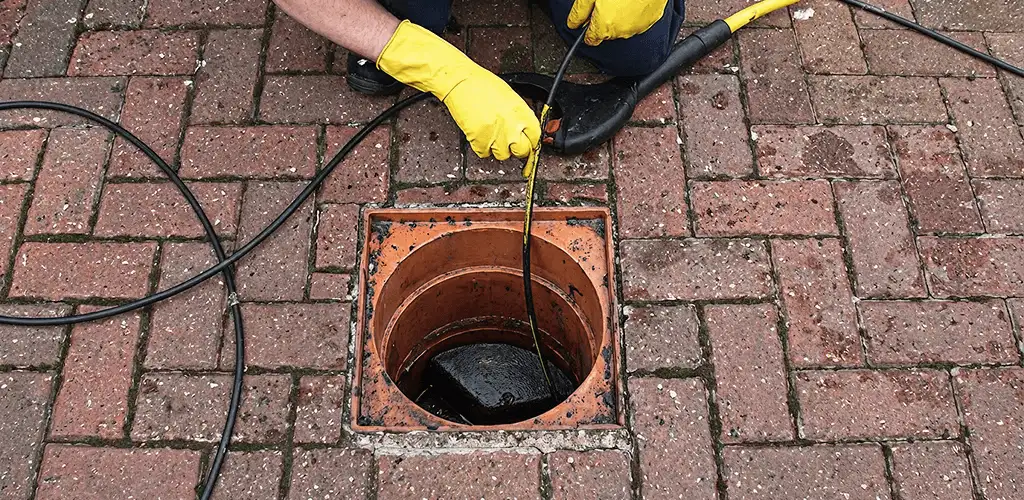 Drain cleaning technician using a drain snake to clear a clogged drain in Albany, NY