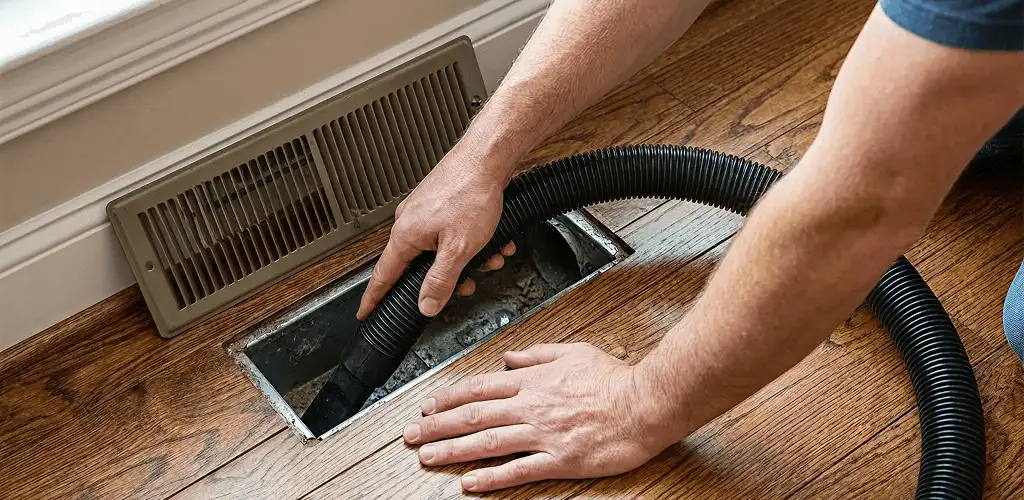 Air duct cleaning technician vacuuming a floor register and duct opening in Albany, NY