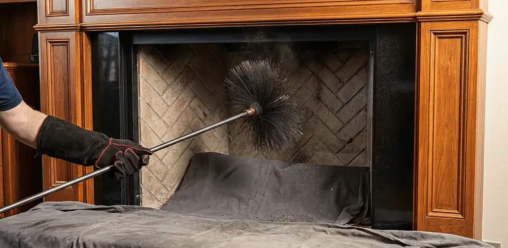 Chimney cleaning service brushing soot from a fireplace and flue in Albany, NY
