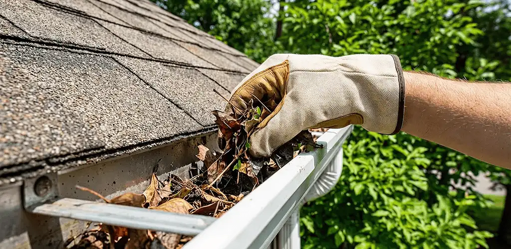 Gutter cleaning removing leaves and debris from roof gutters in Albany, NY