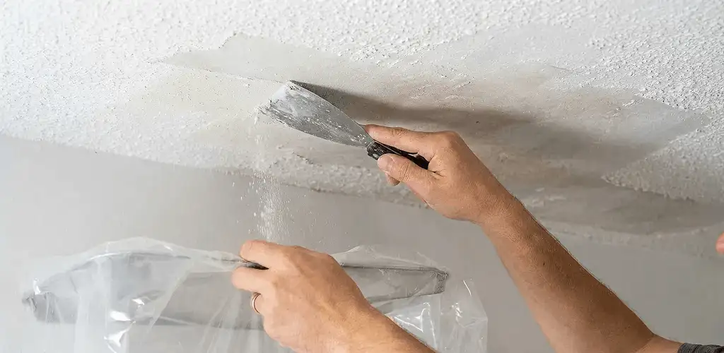 Popcorn ceiling removal technician scraping texture from a ceiling in Albany, NY