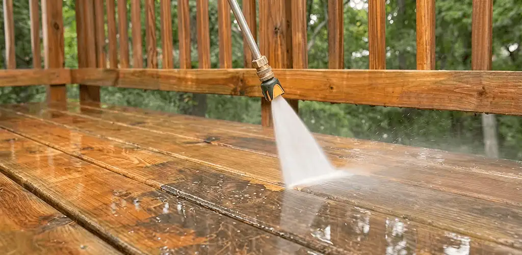 Pressure washing a wood deck to remove dirt and buildup in Albany, NY