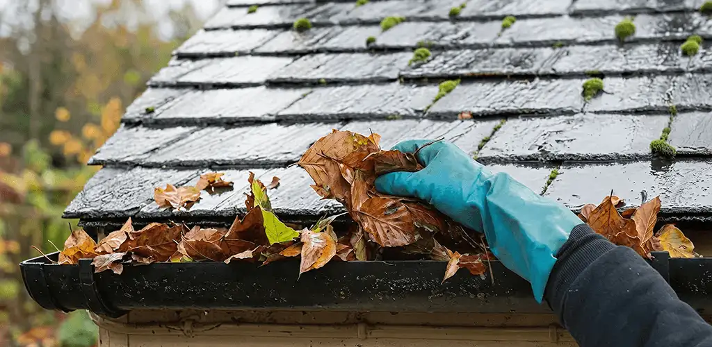 Gutter cleaning technician clearing wet leaves from roof gutters in Albany, NY