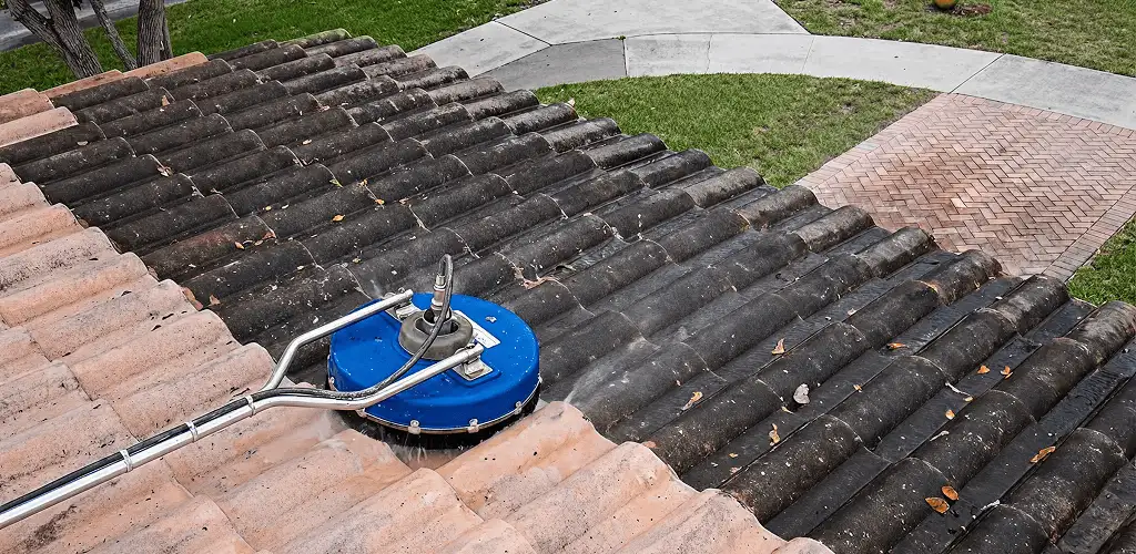 Roof pressure cleaning removing debris and buildup from roof tiles in Albany, NY