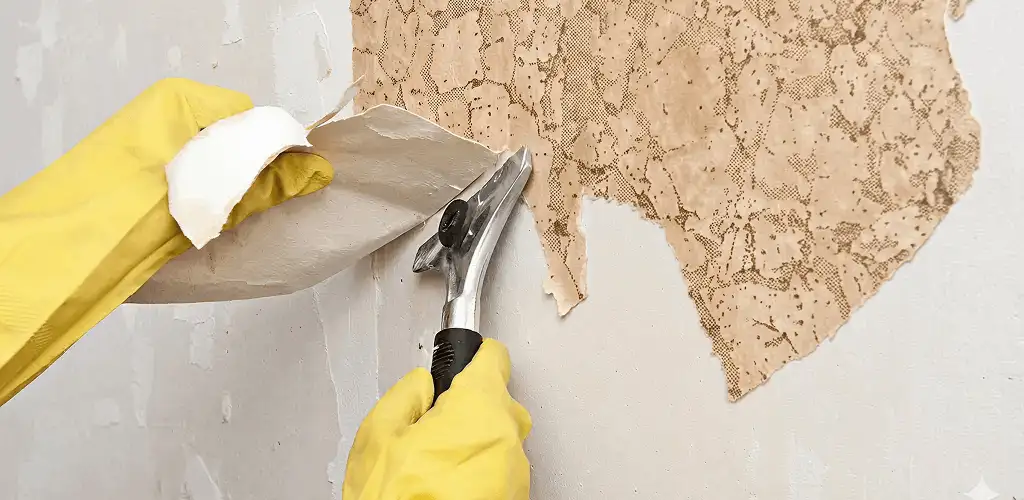 Wallpaper removal service stripping old wallpaper from a wall in Albany, NY